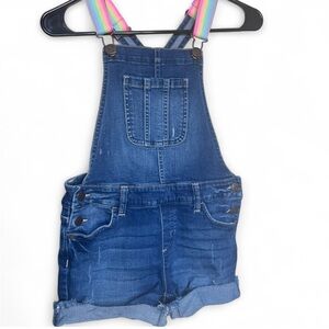 Pink and Blue Denim Overalls with Striped Straps